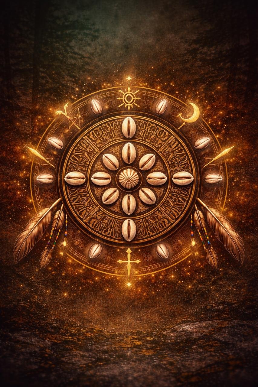 Emblema oracular com búzios e símbolos sagrados